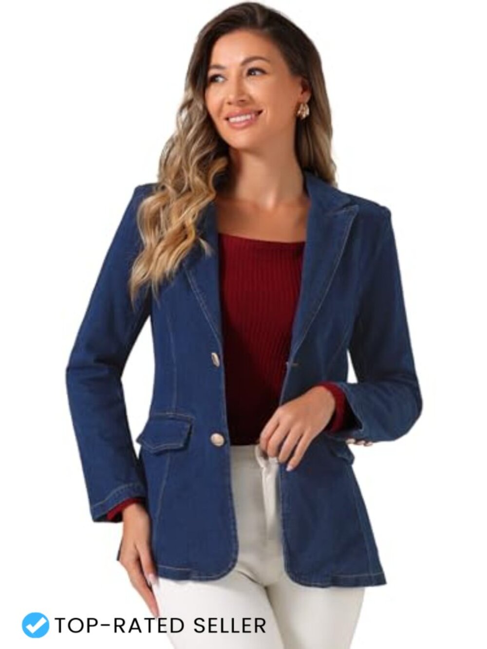 Notched Lapel Denim Blazer Flap Pockets Button Business Casual